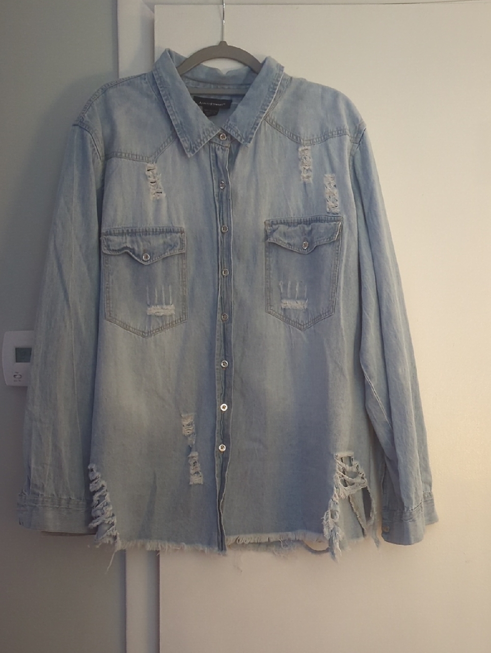 Ashley Stewart Light Wash Denim Distressed Button-Down Shirt